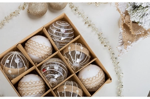 Detail of 8-pack assorted Christmas ornaments with lace and pearls in a kraft gift box