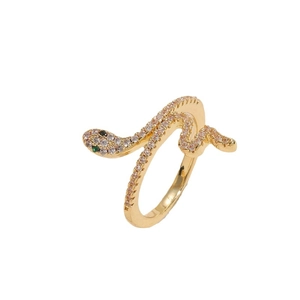 Adjustable gold snake ring featuring sparkling white zircons and green crystal eyes