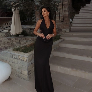Women Halter Maxi Dress Lace Patchwork Sexy Backless Deep V Neck Slim Fit French Style Long Banquet Party Dress Black