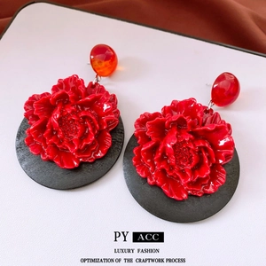 Vintage style red peony flower earrings with wooden accents and silver needle studs