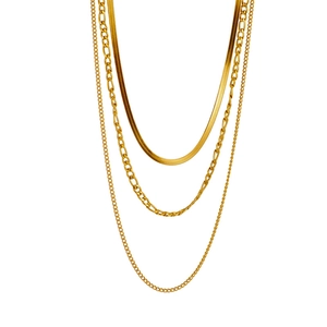 Chic triple-layered gold titanium steel necklace featuring snake and Figaro chains
