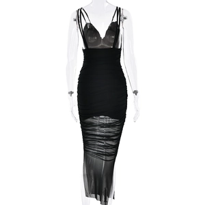 Detail of sheer black mesh panels and ruching on a slim fit bodycon dress