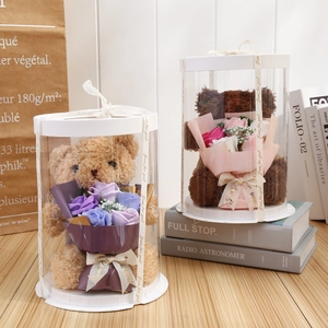 Detail of Teddy Bear and soap flower gift boxes with Just for You ribbons and clear packaging