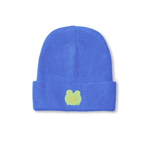 Detailed close-up of a royal blue knit beanie featuring a cute green cartoon frog patch