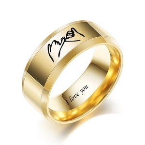 Detail of 8mm gold stainless steel ring with I Love You engraving and pinky promise icon