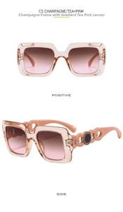Detail of champagne frame sunglasses featuring gradient tea pink lenses and chain temples