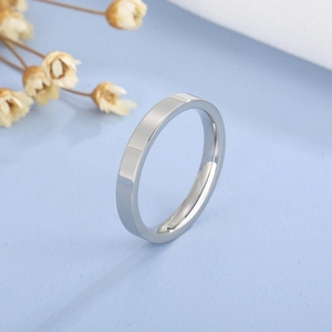Polished silver stainless steel 3mm flat ring band on a blue surface with dried flowers