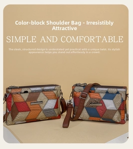 Close-up of geometric color-block pattern and 3D textured panels on retro crossbody bags