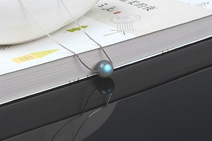 Close-up of a faceted labradorite pendant with blue fire on a silver box chain necklace