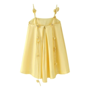 Elegant yellow satin slip dress with exquisite 3D floral accents on a clean white background