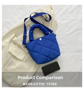 Close-up of royal blue quilted handbag with ruched handle and white snap button closure