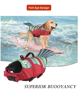 Detail of fish-style dog life jacket with dorsal handle and quick-release buckles