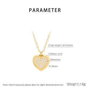 Luxurious gold heart pendant necklace with shimmering rhinestones and a steel chain