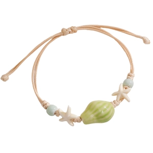 Detail of hand-woven cord bracelet with ceramic starfish and striped seashell charms