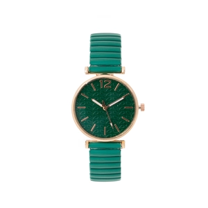 Elegant rose gold watch with dark green pleated strap and leaf texture dial