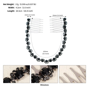 Detailed size specifications for the vintage bridal hair comb with black rhinestones