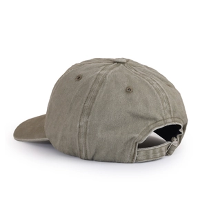 Detail view of washed army green baseball cap with adjustable metal back buckle closure