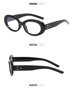 Three-view detail of Y2K oval glasses featuring silver triple star rivets on black frame