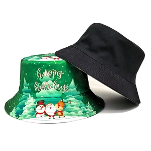 Reversible Christmas bucket hat with festive cartoon snowman and santa claus patterns
