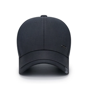 Classic black six-panel baseball cap for men featuring side metal plaque and sport label