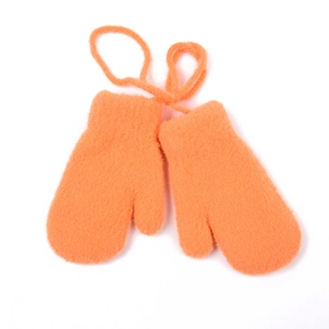 Detail of soft orange knitted mittens for kids featuring a practical anti-lost lanyard