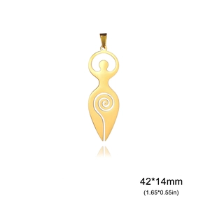 Macro detail of gold goddess pendant with spiral design measuring 42 by 14 mm