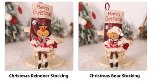 Detail of Christmas stocking featuring reindeer and bear dolls with Merry Christmas text