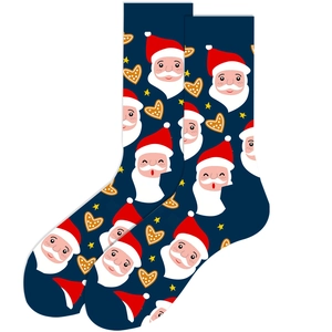 Detail of dark blue Christmas socks featuring Santa Claus and gingerbread man patterns