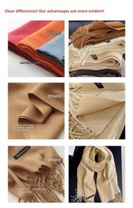 Detail showing 320g heavy cashmere scarf texture and dimensions 185x65cm in various colors