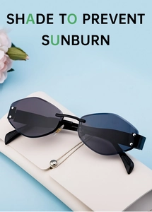 Detail of rimless diamond cut sunglasses with an off-white leather textured storage case