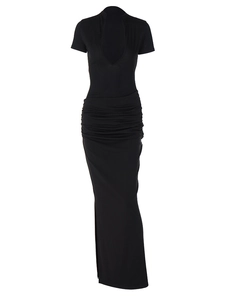 Sexy black V-neck short sleeve bodycon maxi dress with side slit and ruched details