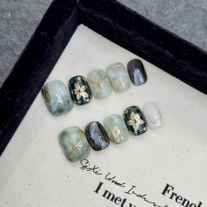 Press On Nails Emerald Green Marble With Gold Flower Design Handmade Glossy French Style False Nails Manicure Elegant