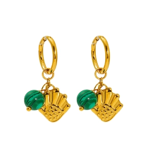 18k gold plated stainless steel hoop earrings with green turquoise and palm charms
