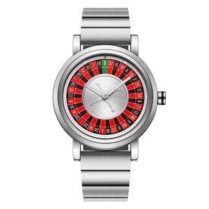 Detailed close-up of a silver steel men's quartz watch featuring a unique roulette dial