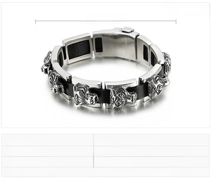 Detailed view of hip hop tiger head stainless steel bracelet with leather band specs
