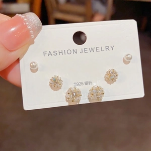 S925 silver stud earring set with sparkling cubic zirconia and small white pearls