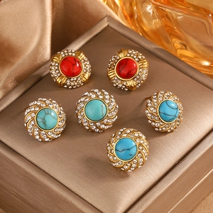 Retro 18k gold plated stainless steel stud earrings with turquoise and red stones