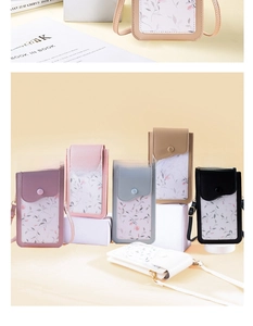 Detailed arrangement of six-color mini floral crossbody phone bags on geometric pedestals
