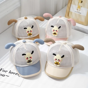 Kids breathable mesh baseball caps with rabbit ears and cartoon dog in four soft colors