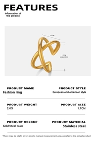 Detailed view of 18K gold plated stainless steel X cross ring showing 1.2CM width and size
