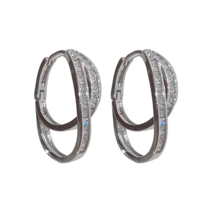 Double-layered crisscross silver needle earrings with shimmering cubic zirconia