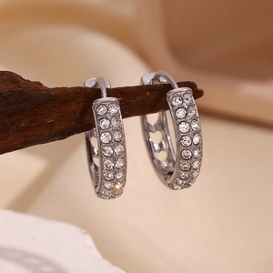 Detail of silver hoop earrings with double-row crystals hanging on a wooden branch