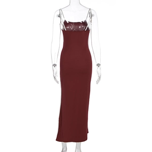 Rear view detail of a slim fit burgundy maxi dress featuring ultra-thin spaghetti straps