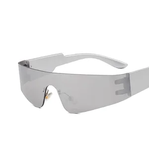 Futuristic frameless silver shield sunglasses with streamlined matte temples for women