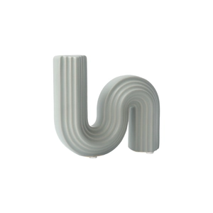 Modern S-shaped ceramic vase with vertical ribbed texture in matte sage green