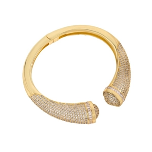 Luxurious gold hinged bangle with sparkling pavé cubic zirconia and baguette-cut stones