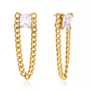 Boucles d'oreilles en acier inoxydable doré 18 carats avec zircon carré et chaînes cubaines