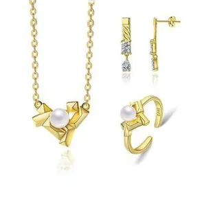 Detail view of S925 silver jewelry set featuring geometric pendants with white pearls
