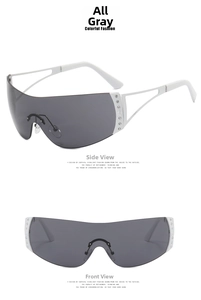 Detailansicht der Y2K randlosen Sonnenbrille in Grau mit Strasssteinen am Bügel