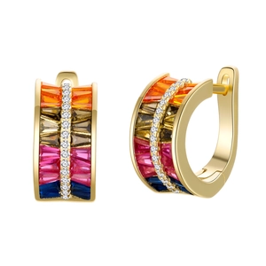Rainbow gemstone earrings in gold finish with rectangle crystals and micro-pavé diamonds